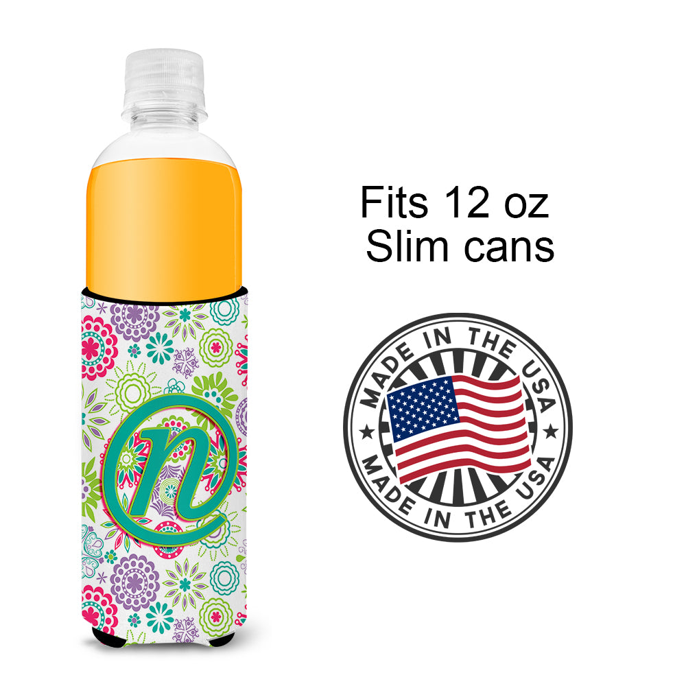 Letter N Flowers Pink Teal Green Initial Ultra Beverage Insulators for slim cans CJ2011-NMUK