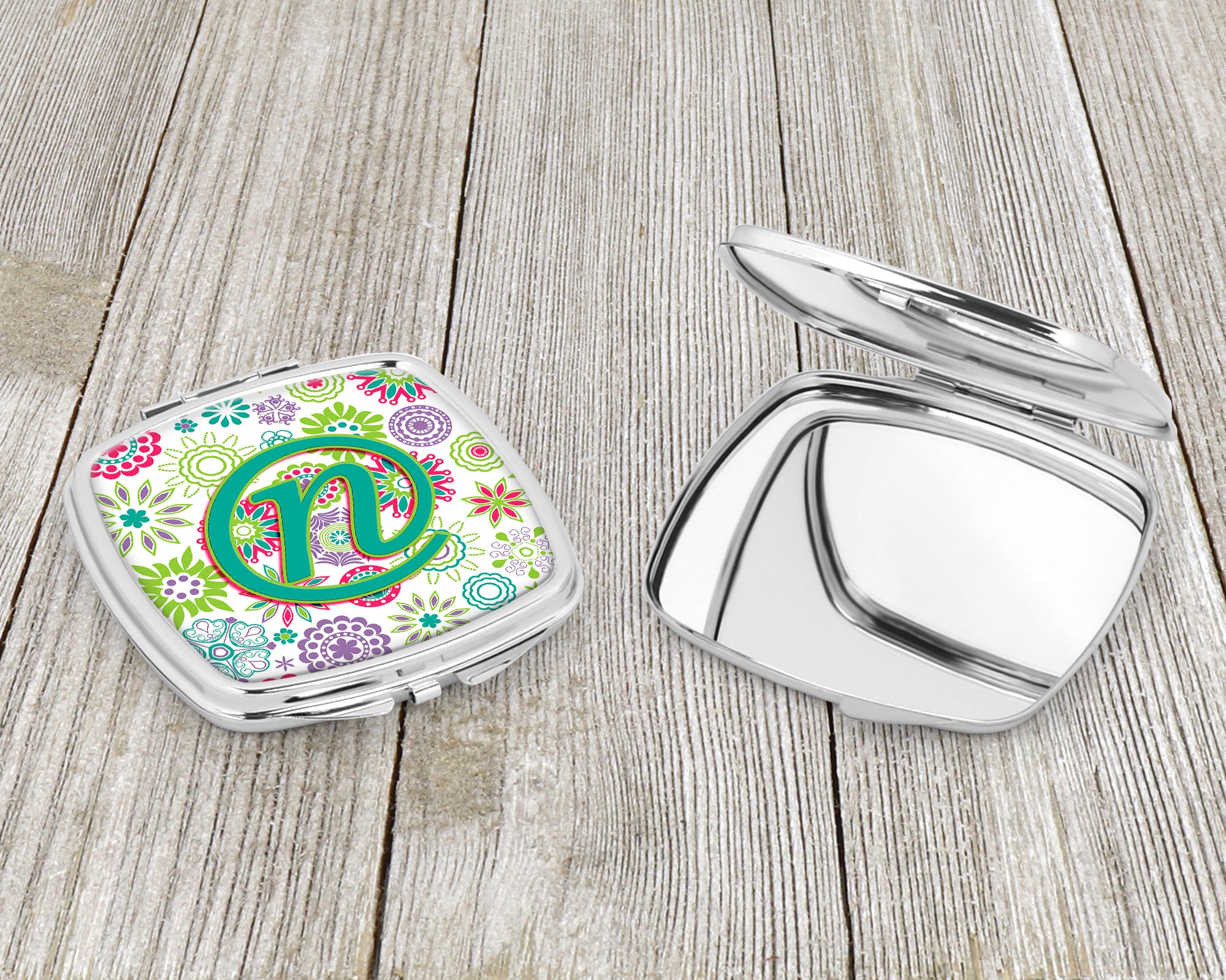 Letter N Flowers Pink Teal Green Initial Compact Mirror CJ2011-NSCM  the-store.com.