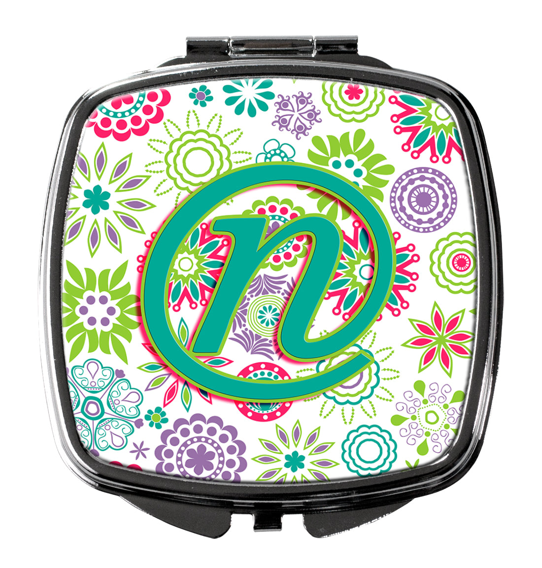 Caroline's Treasures Letter N Flowers Pink Teal Green Initial Compact Mirror – Stylish Purse Mirror with Artistic Covers CJ2011-NSCM