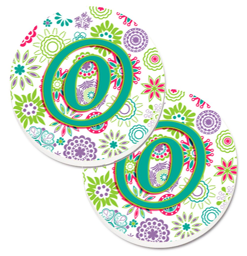 Letter O Flowers Pink Teal Green Initial Set of 2 Cup Holder Car Coasters CJ2011-OCARC by Caroline&#39;s Treasures