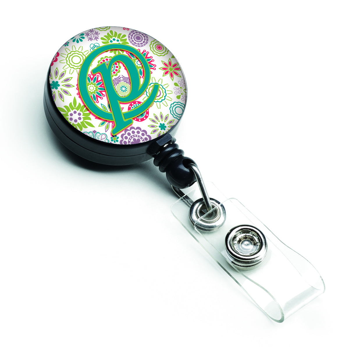 Letter P Flowers Pink Teal Green Initial Retractable Badge Reel CJ2011-PBR