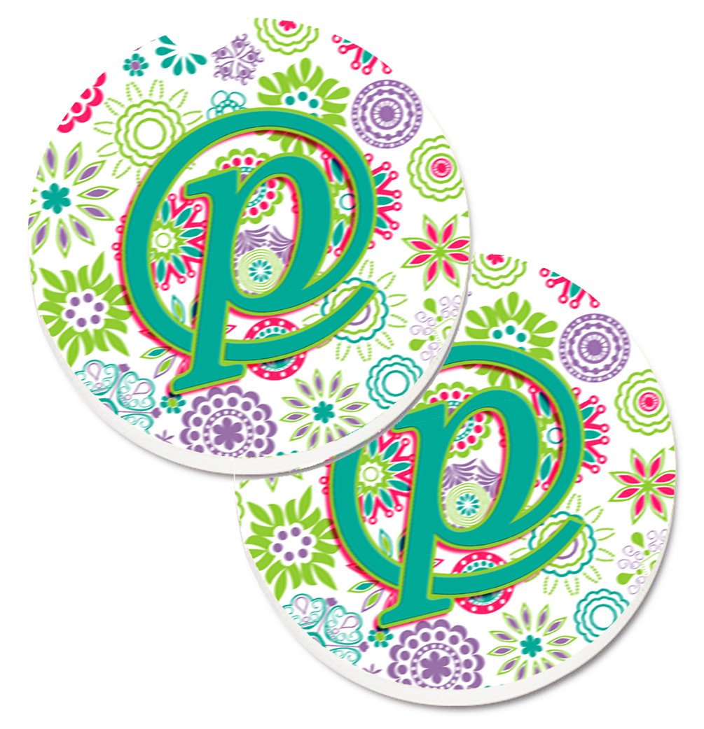 Letter P Flowers Pink Teal Green Initial Set of 2 Cup Holder Car Coasters CJ2011-PCARC by Caroline&#39;s Treasures