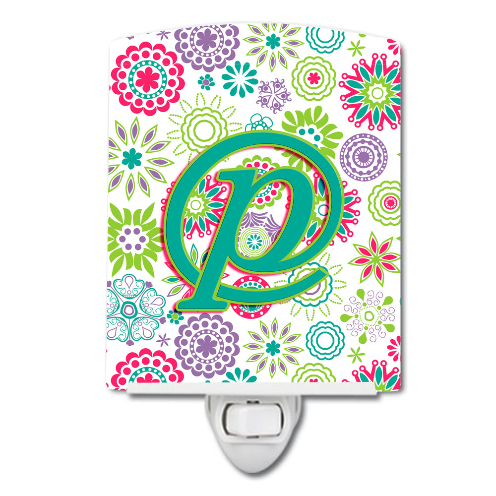 Letter P Flowers Pink Teal Green Initial Ceramic Night Light CJ2011-PCNL - the-store.com