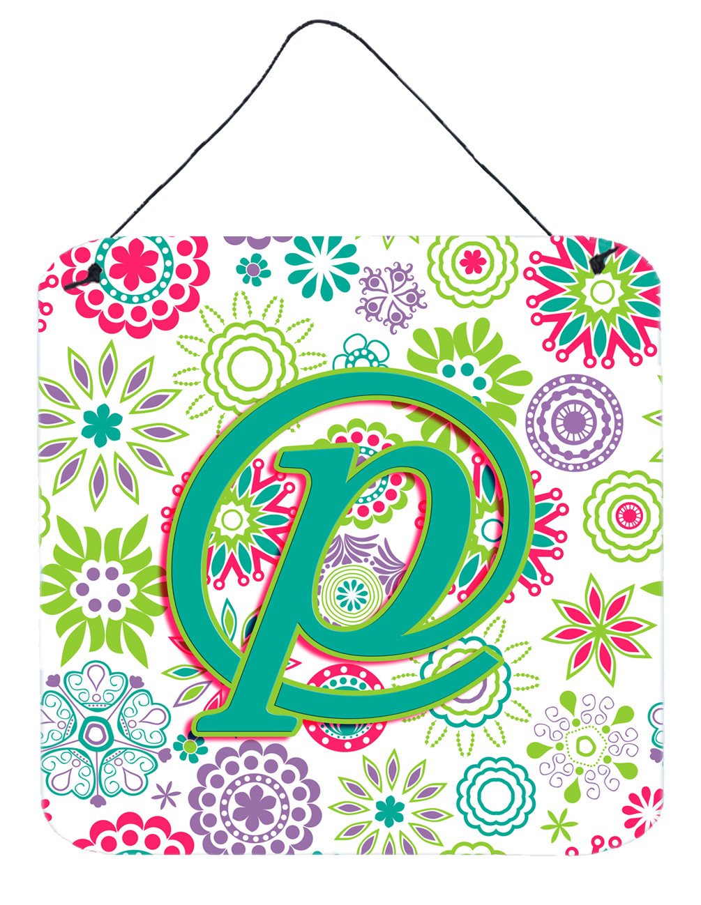 Letter P Flowers Pink Teal Green Initial Wall or Door Hanging Prints CJ2011-PDS66 by Caroline's Treasures