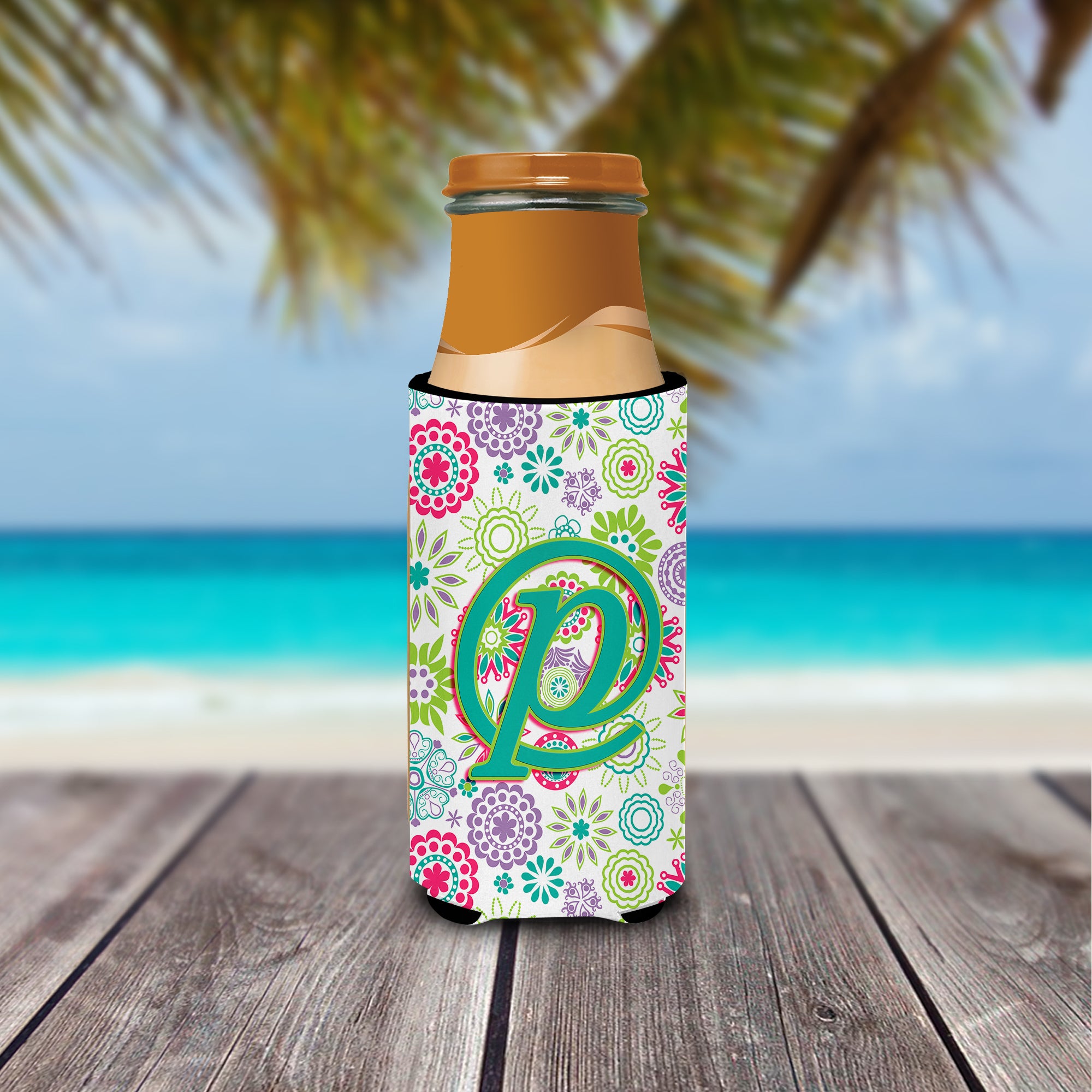 Letter P Flowers Pink Teal Green Initial Ultra Beverage Insulators for slim cans CJ2011-PMUK