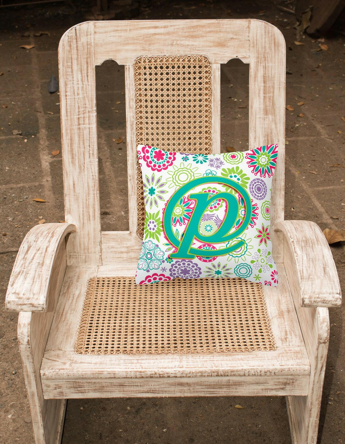Letter P Flowers Pink Teal Green Initial Canvas Fabric Decorative Pillow CJ2011-PPW1414 by Caroline's Treasures