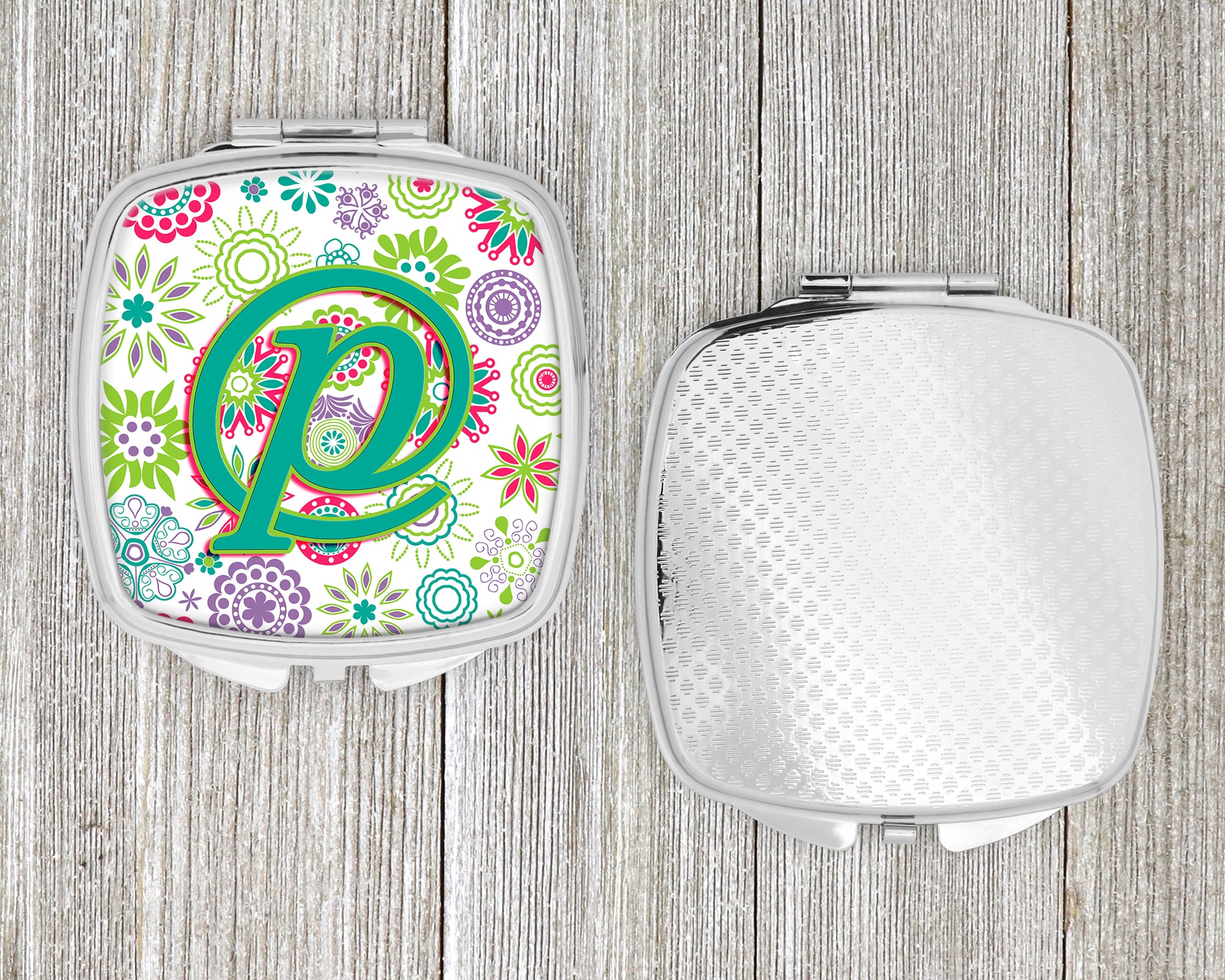 Letter P Flowers Pink Teal Green Initial Compact Mirror CJ2011-PSCM  the-store.com.
