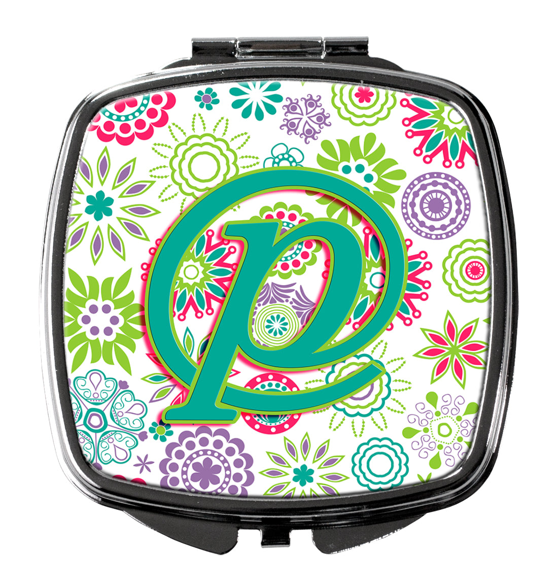 Caroline's Treasures Letter P Flowers Pink Teal Green Initial Compact Mirror – Stylish Purse Mirror with Artistic Covers CJ2011-PSCM
