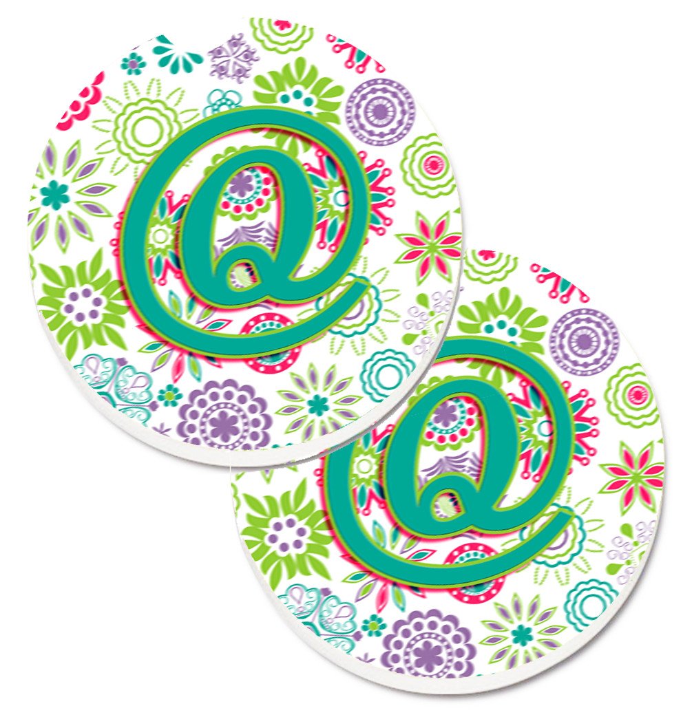 Letter Q Flowers Pink Teal Green Initial Set of 2 Cup Holder Car Coasters CJ2011-QCARC by Caroline&#39;s Treasures