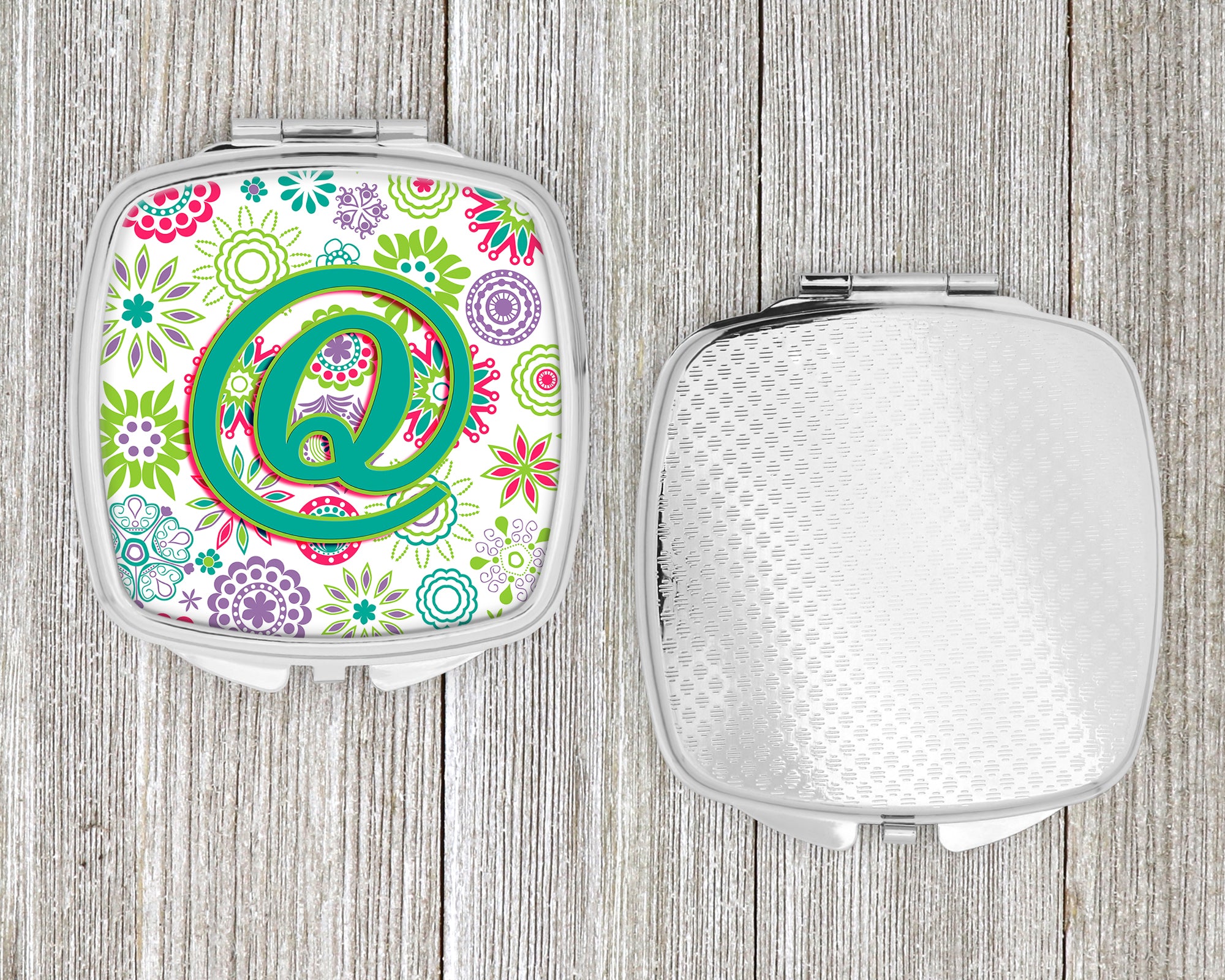 Letter Q Flowers Pink Teal Green Initial Compact Mirror CJ2011-QSCM