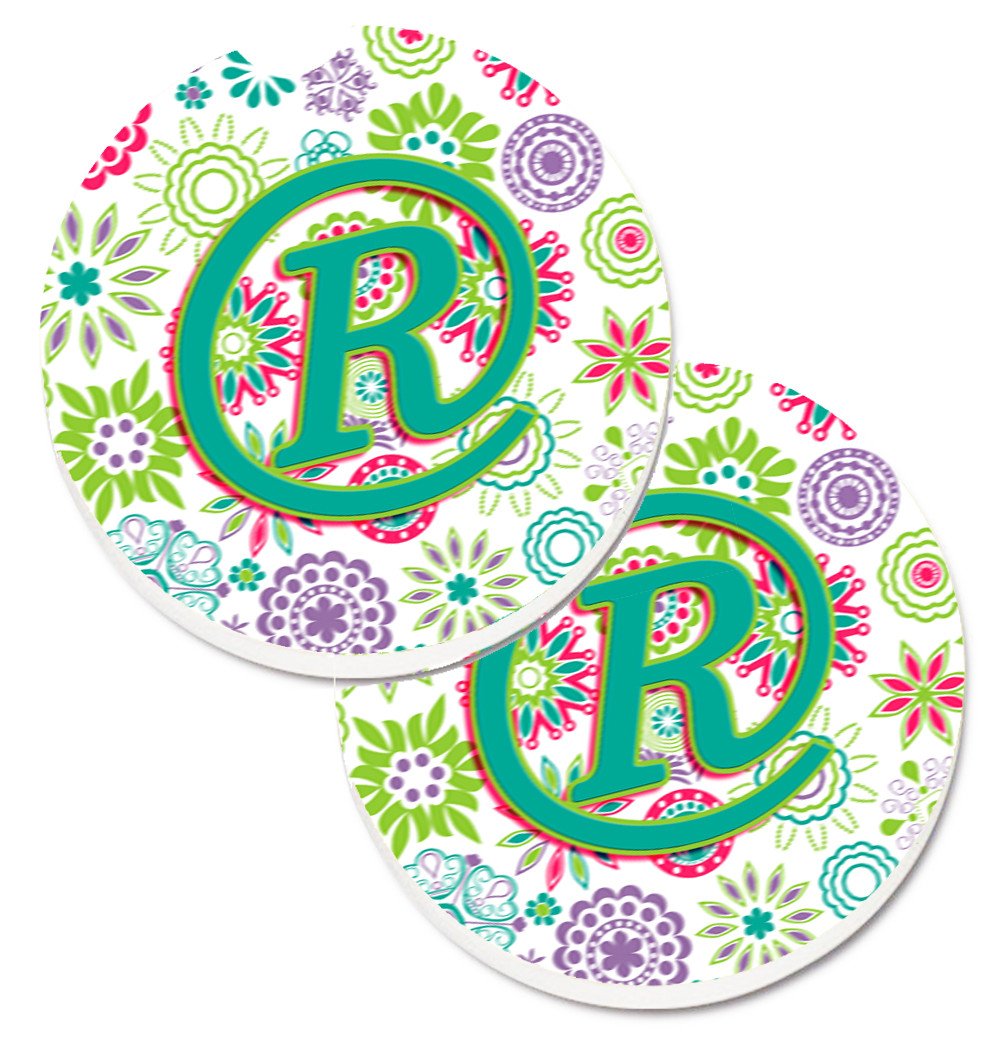 Letter R Flowers Pink Teal Green Initial Set of 2 Cup Holder Car Coasters CJ2011-RCARC by Caroline&#39;s Treasures