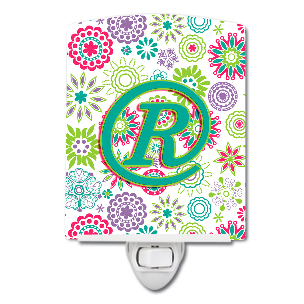 Letter R Flowers Pink Teal Green Initial Ceramic Night Light CJ2011-RCNL - the-store.com