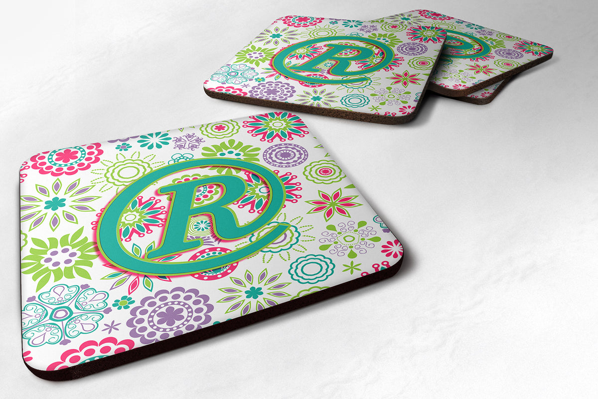 Set of 4 Letter R Flowers Pink Teal Green Initial Foam Coasters CJ2011-RFC - the-store.com
