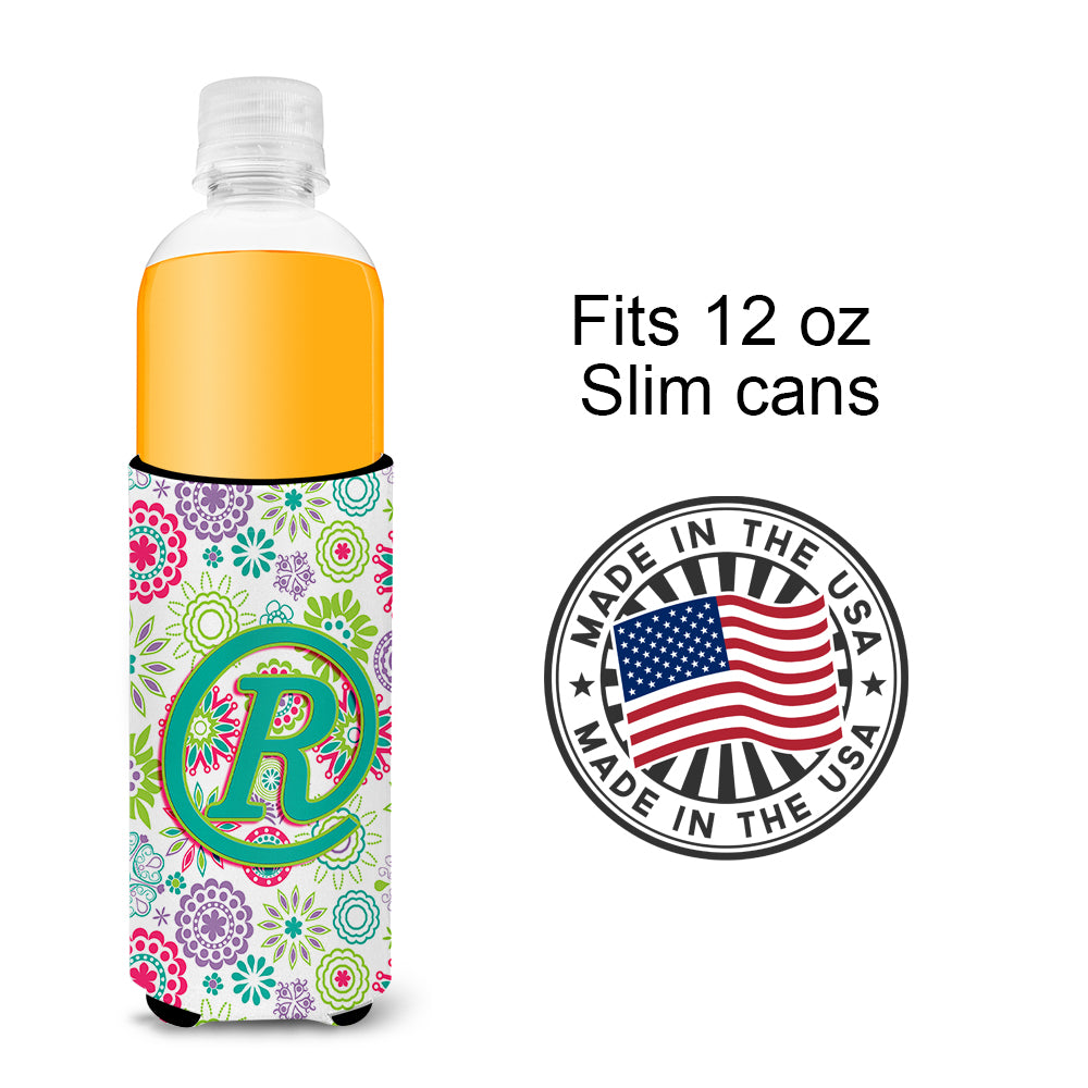 Letter R Flowers Pink Teal Green Initial Ultra Beverage Insulators for slim cans CJ2011-RMUK.