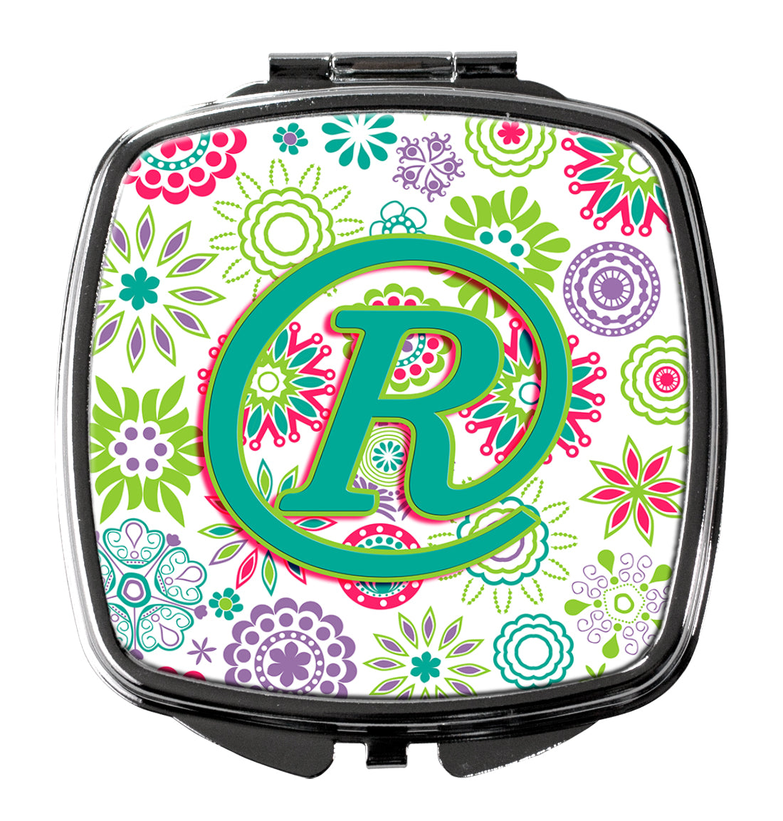Letter R Flowers Pink Teal Green Initial Compact Mirror CJ2011-RSCM  the-store.com.
