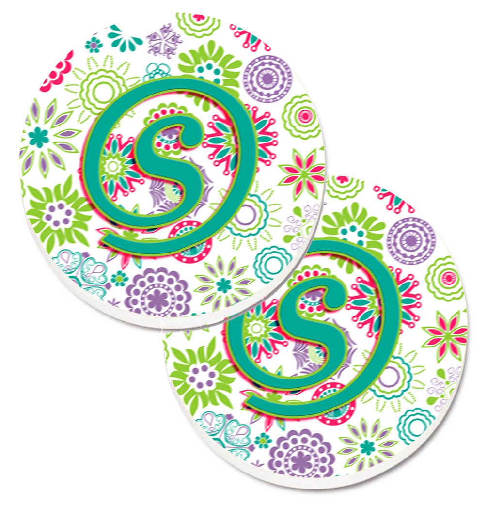 Letter S Flowers Pink Teal Green Initial Set of 2 Cup Holder Car Coasters CJ2011-SCARC by Caroline&#39;s Treasures