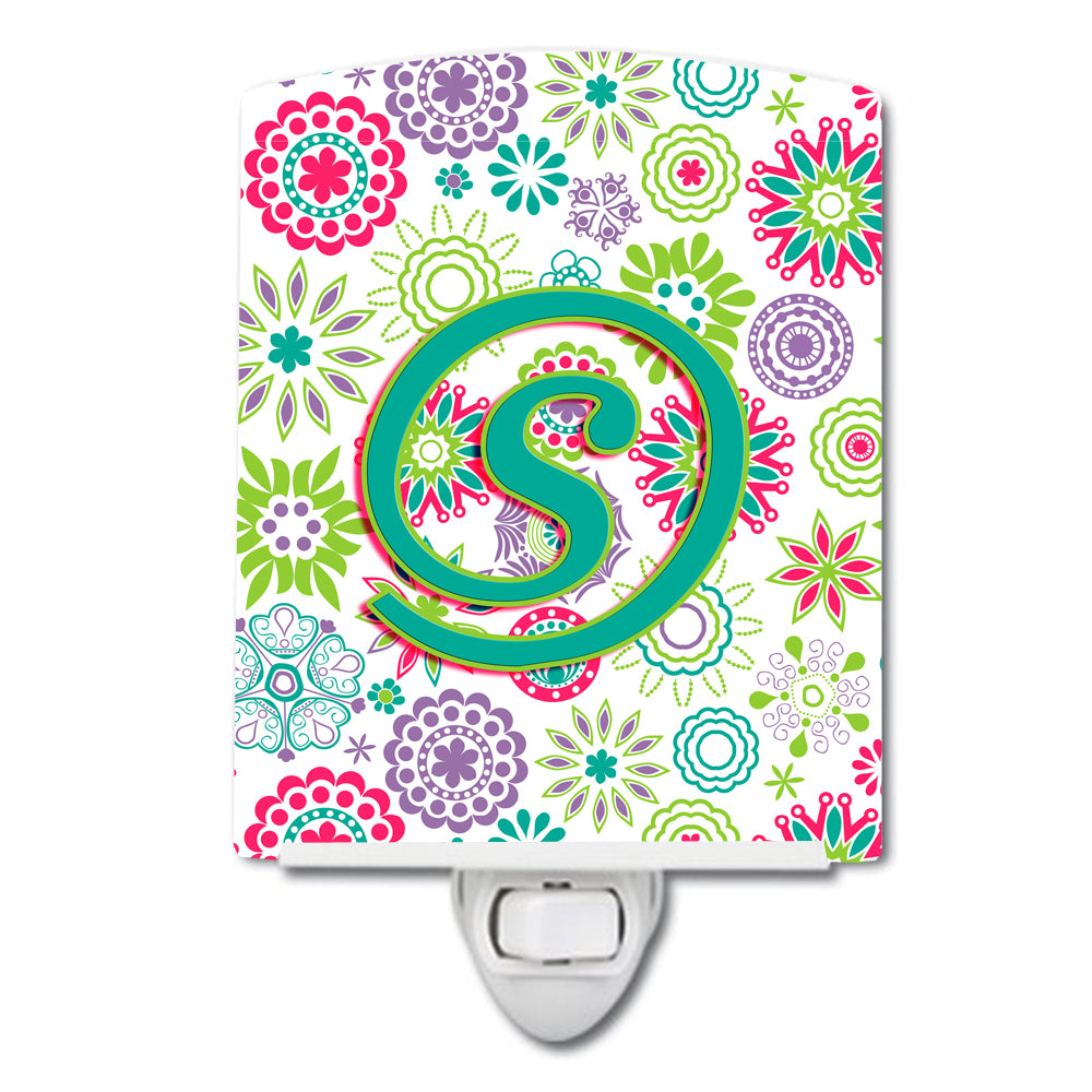 Letter S Flowers Pink Teal Green Initial Ceramic Night Light CJ2011-SCNL - the-store.com