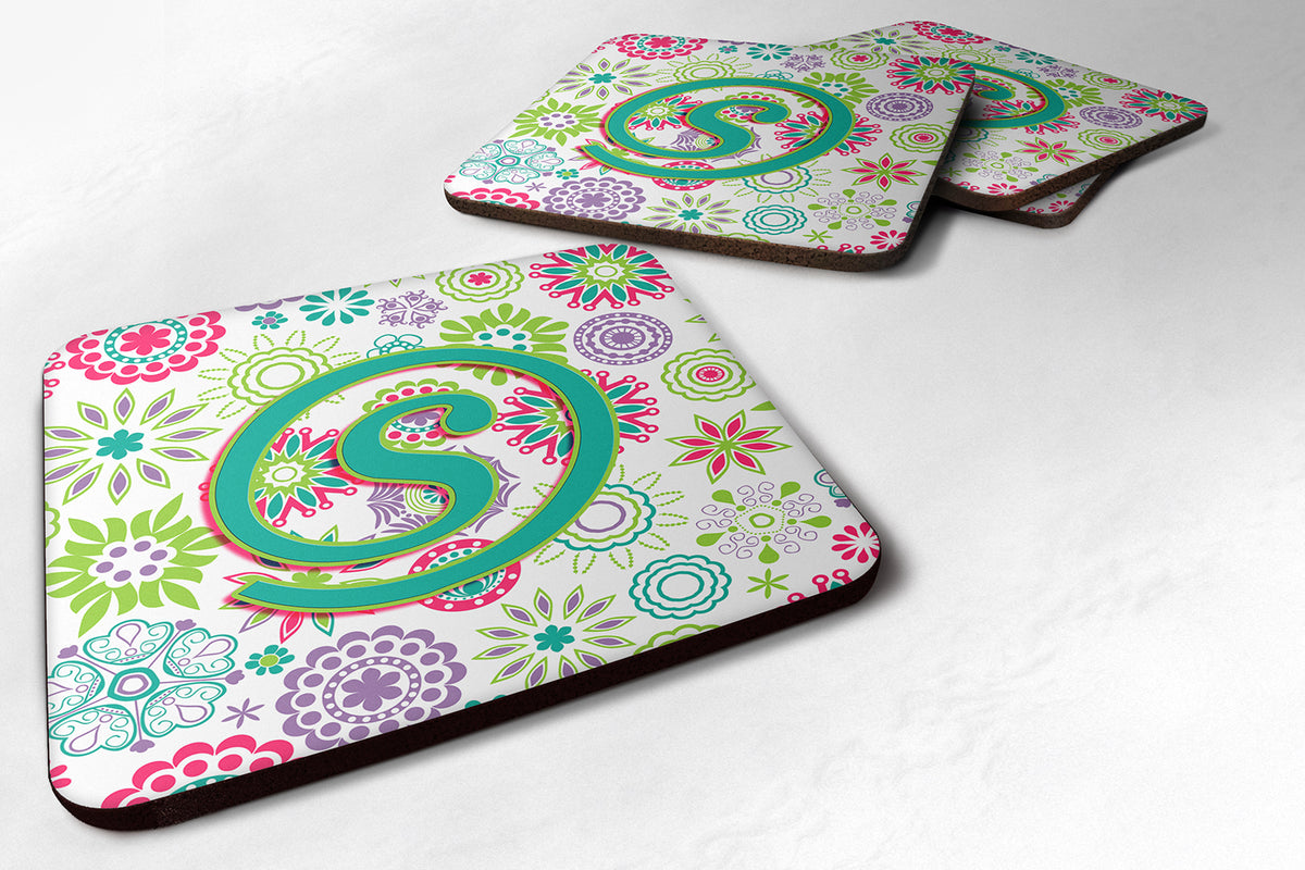 Set of 4 Letter S Flowers Pink Teal Green Initial Foam Coasters CJ2011-SFC - the-store.com