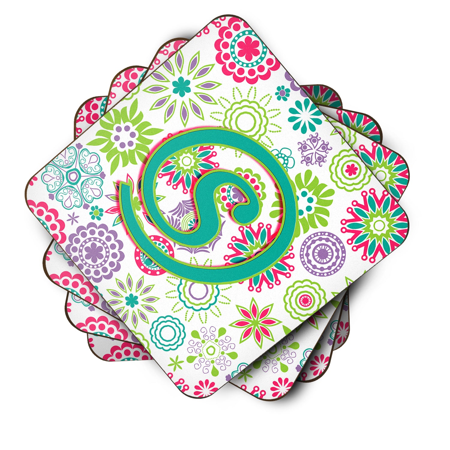 Set of 4 Letter S Flowers Pink Teal Green Initial Foam Coasters CJ2011-SFC - the-store.com