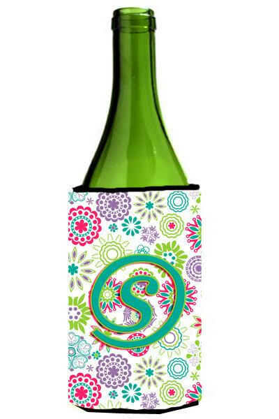 Letter S Flowers Pink Teal Green Initial Wine Bottle Beverage Insulator Hugger CJ2011-SLITERK by Caroline&#39;s Treasures