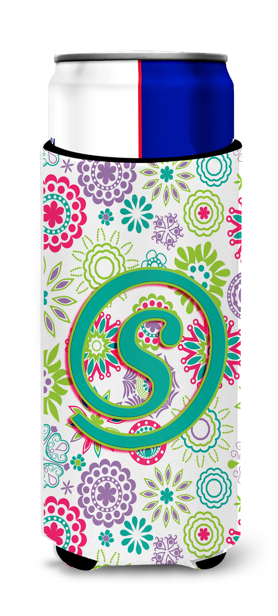 Letter S Flowers Pink Teal Green Initial Ultra Beverage Insulators for slim cans CJ2011-SMUK