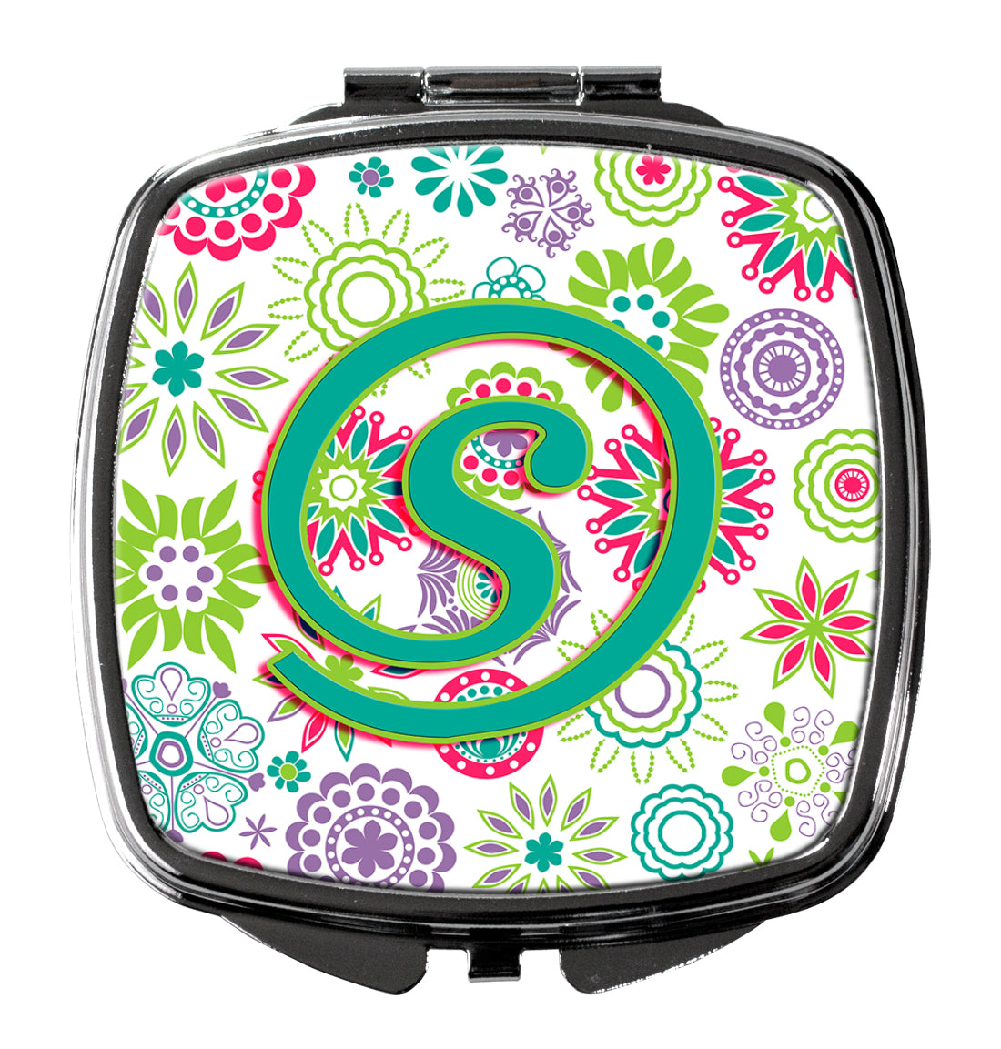 Letter S Flowers Pink Teal Green Initial Compact Mirror CJ2011-SSCM  the-store.com.