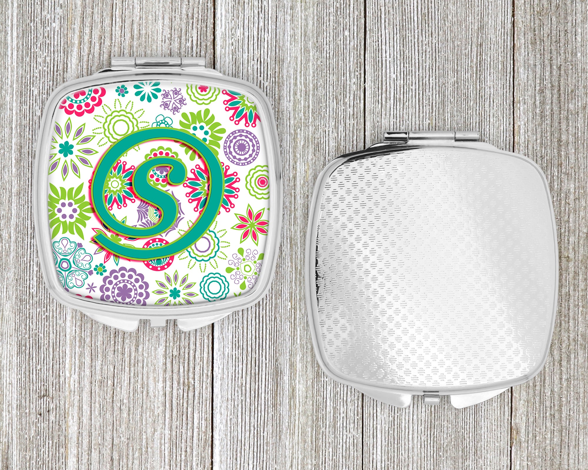 Letter S Flowers Pink Teal Green Initial Compact Mirror CJ2011-SSCM
