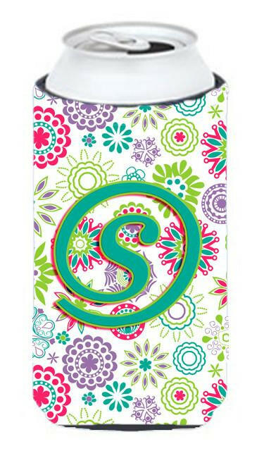 Letter S Flowers Pink Teal Green Initial Tall Boy Beverage Insulator Hugger CJ2011-STBC by Caroline's Treasures