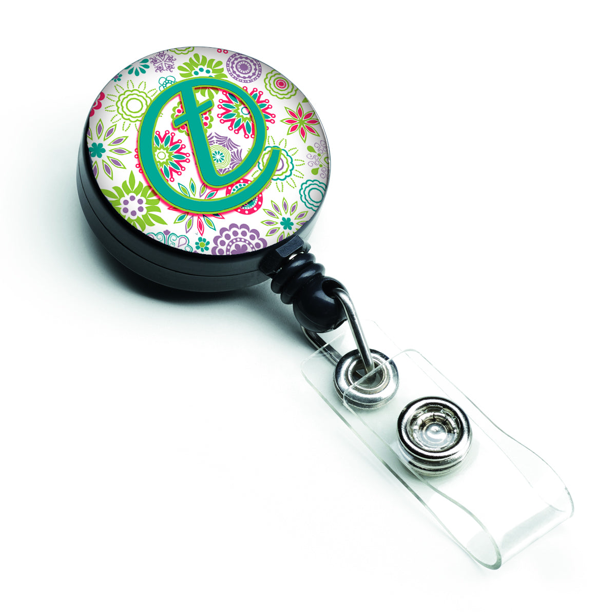 Caroline's Treasures Letter T Flowers Pink Teal Green Initial Retractable Badge Reel CJ2011-TBR