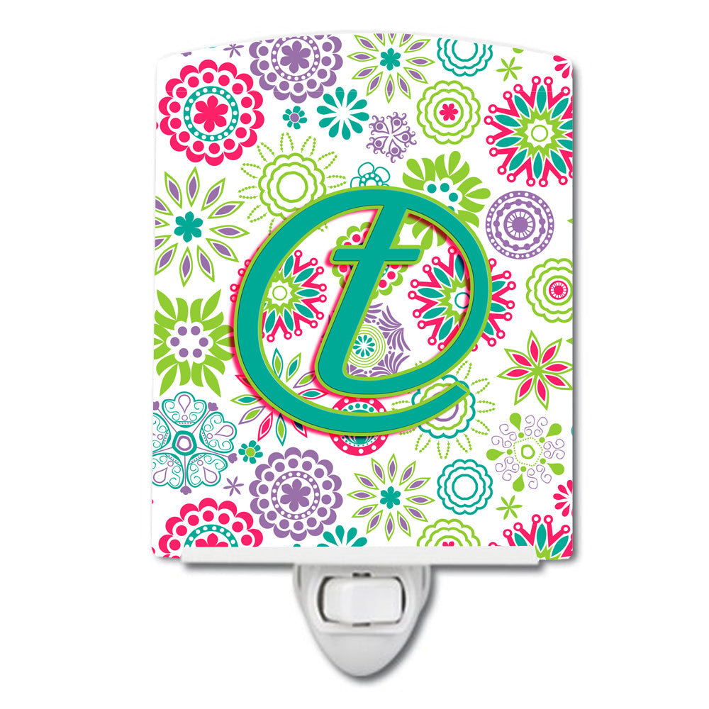 Letter T Flowers Pink Teal Green Initial Ceramic Night Light CJ2011-TCNL - the-store.com