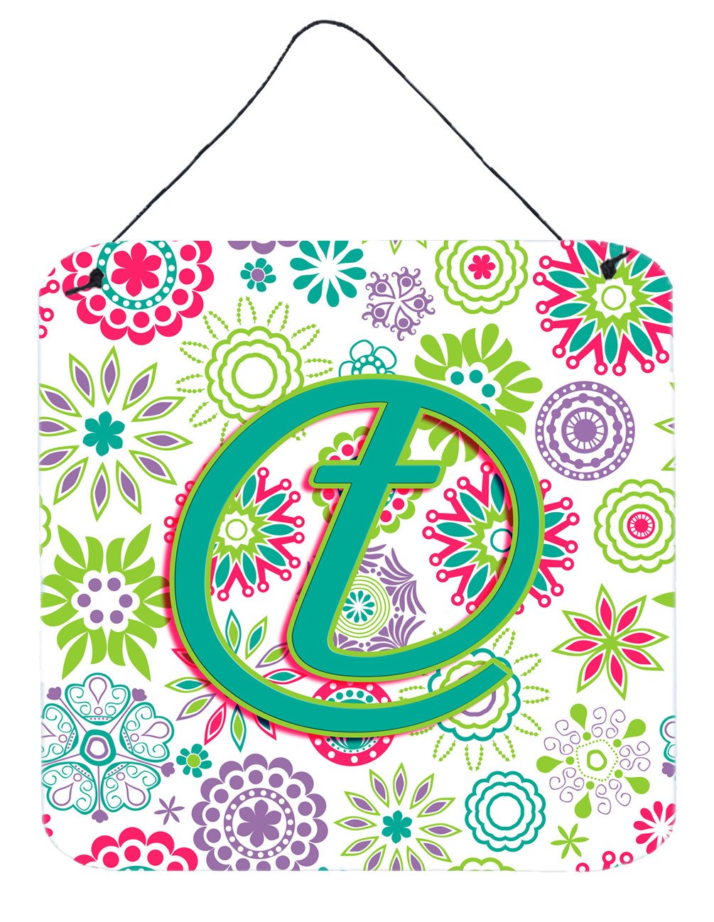 Letter T Flowers Pink Teal Green Initial Wall or Door Hanging Prints CJ2011-TDS66 by Caroline&#39;s Treasures