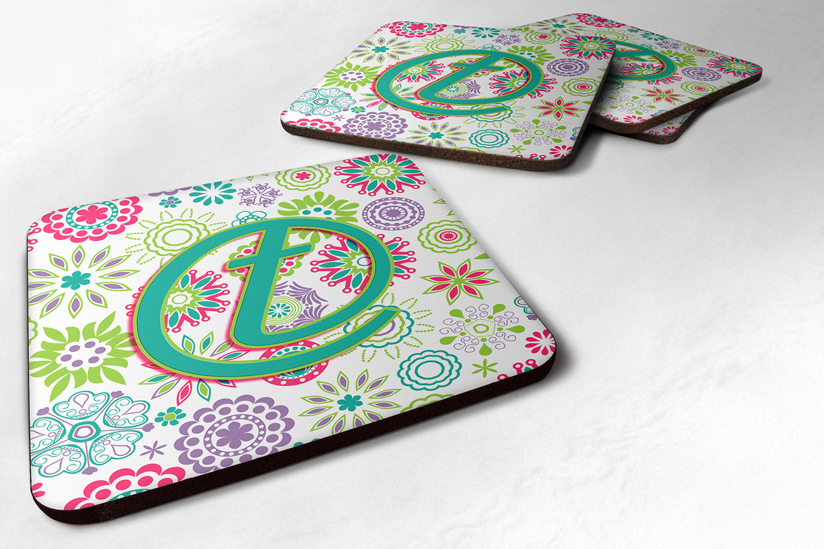 Set of 4 Letter T Flowers Pink Teal Green Initial Foam Coasters CJ2011-TFC - the-store.com