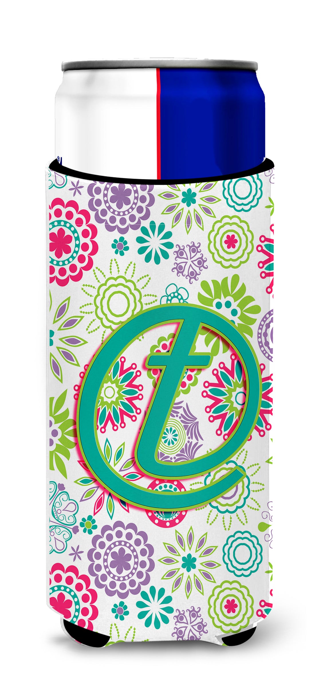 Letter T Flowers Pink Teal Green Initial Ultra Beverage Insulators for slim cans CJ2011-TMUK.