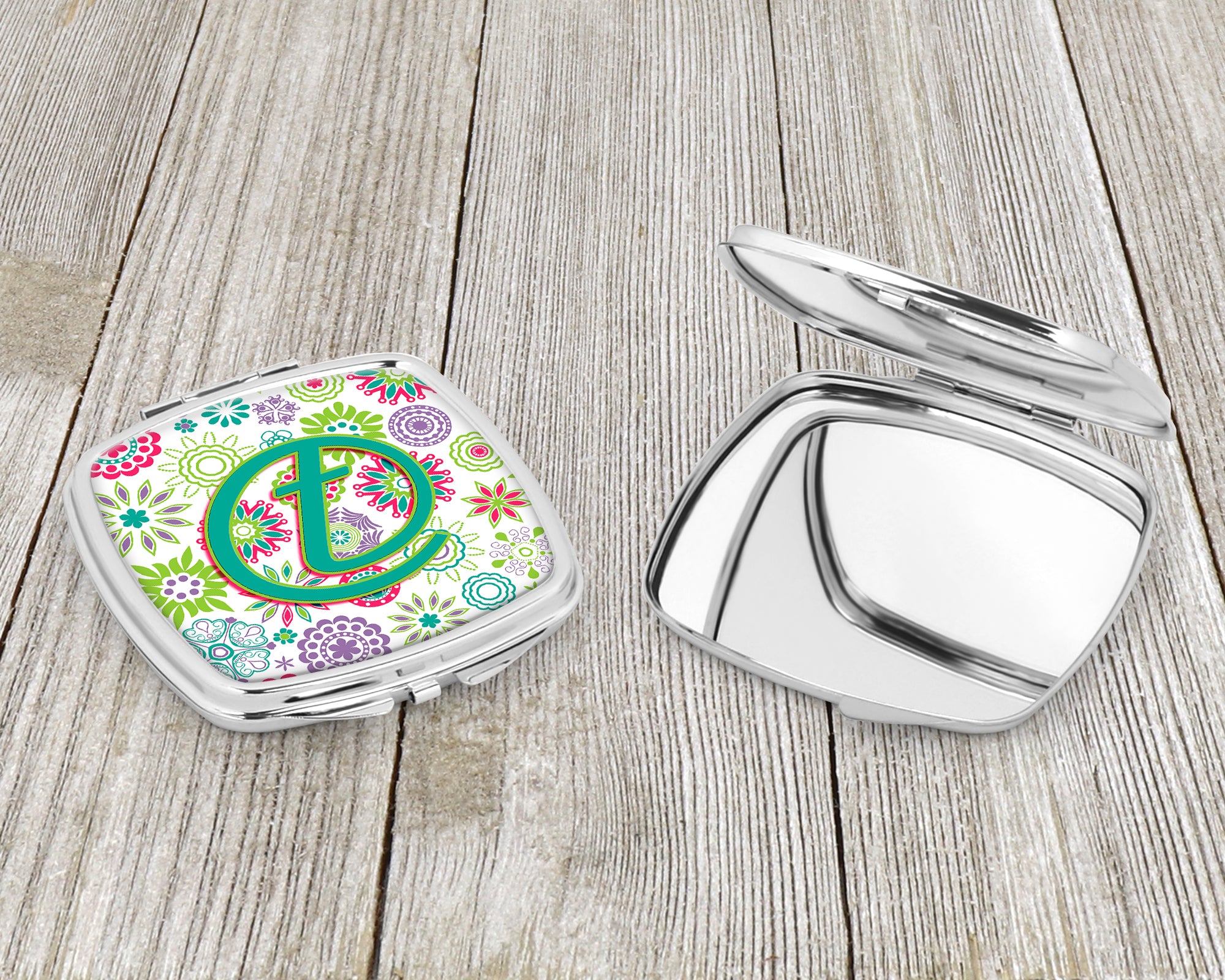 Letter T Flowers Pink Teal Green Initial Compact Mirror CJ2011-TSCM
