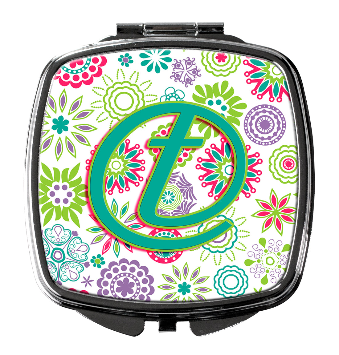 Letter T Flowers Pink Teal Green Initial Compact Mirror CJ2011-TSCM  the-store.com.