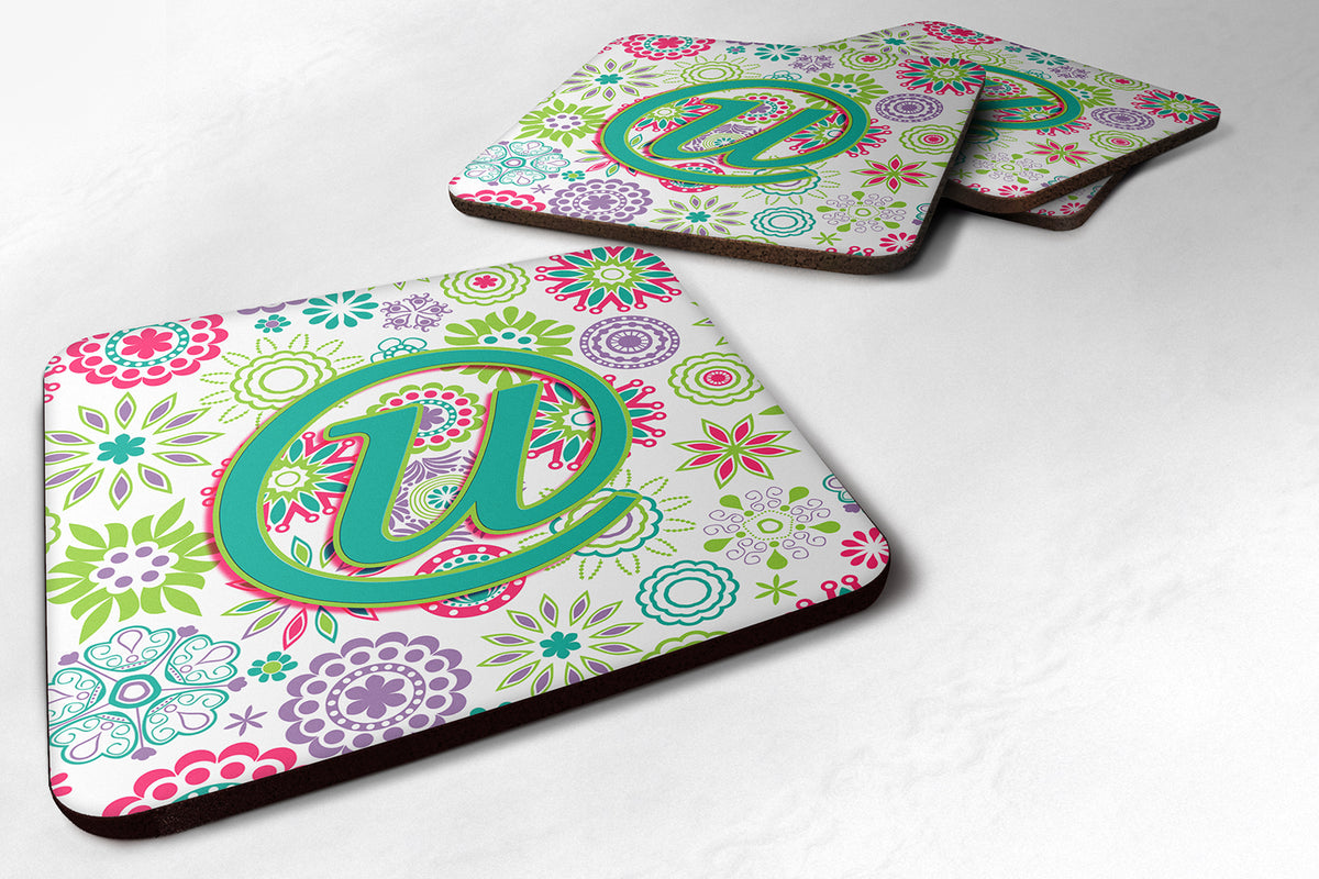 Set of 4 Letter U Flowers Pink Teal Green Initial Foam Coasters CJ2011-UFC - the-store.com