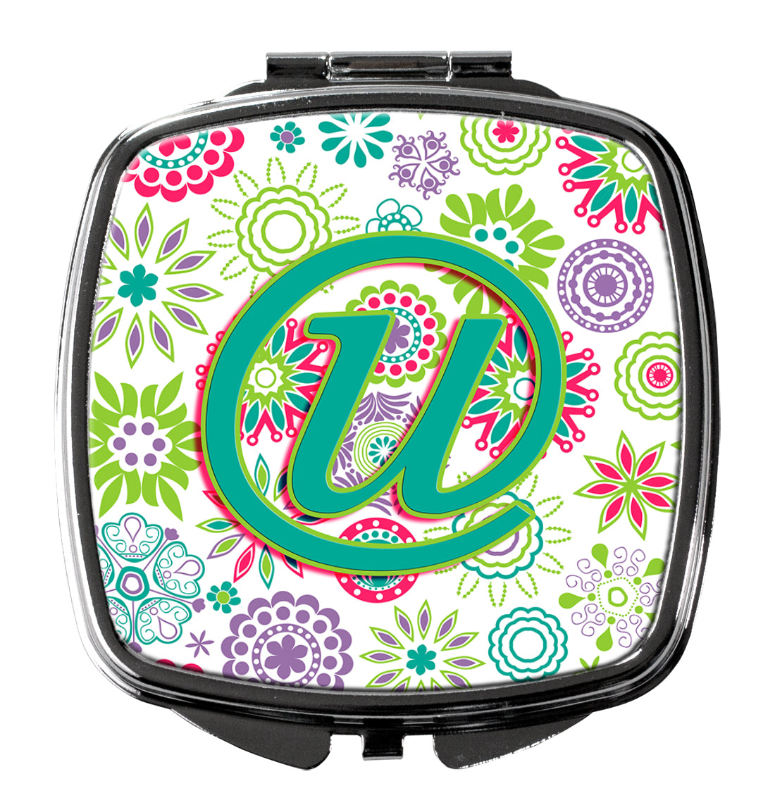 Letter U Flowers Pink Teal Green Initial Compact Mirror CJ2011-USCM  the-store.com.