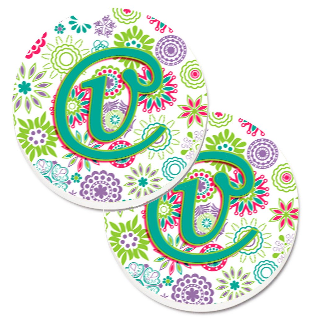 Letter V Flowers Pink Teal Green Initial Set of 2 Cup Holder Car Coasters CJ2011-VCARC by Caroline&#39;s Treasures