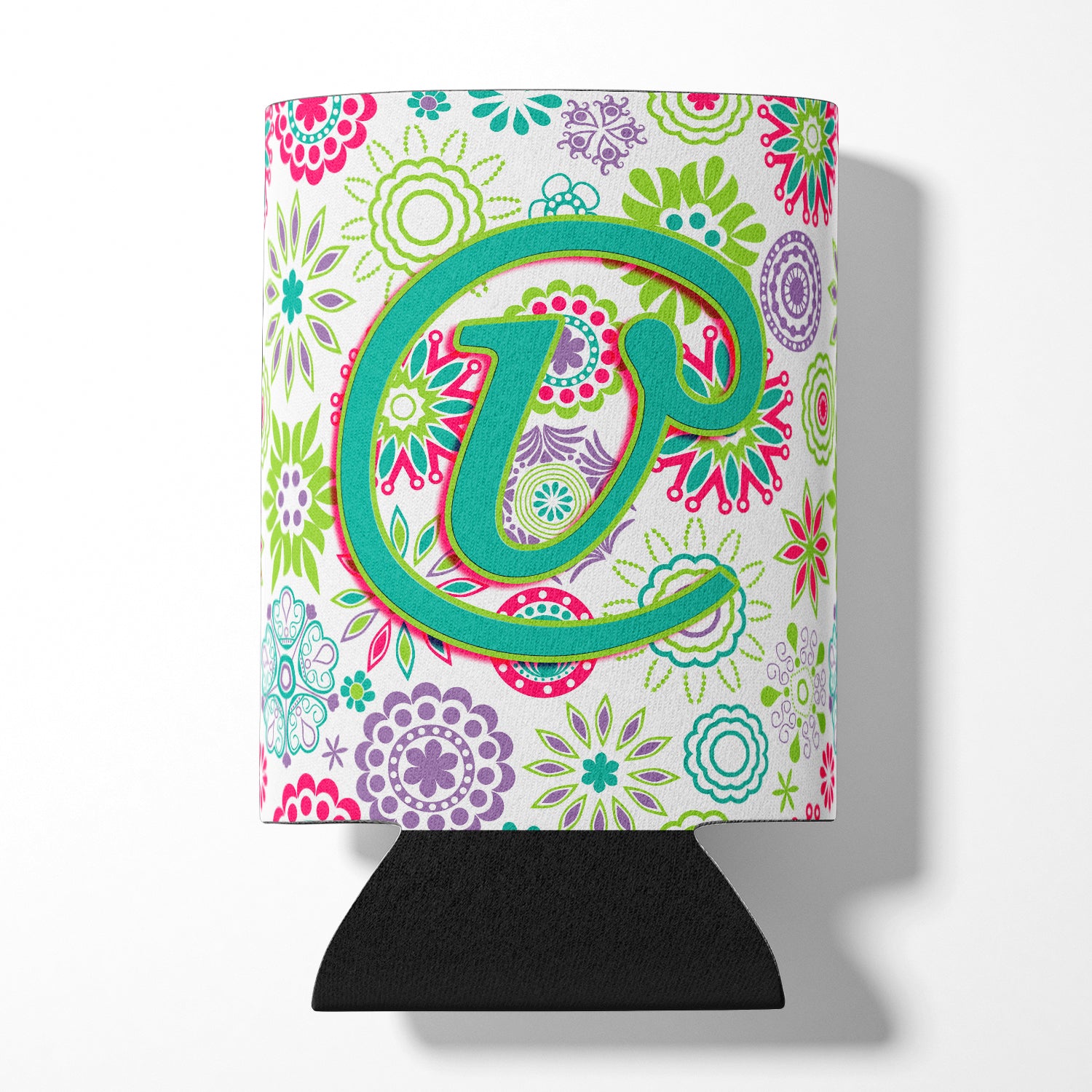 Letter V Flowers Pink Teal Green Initial Can or Bottle Hugger CJ2011-VCC  the-store.com.
