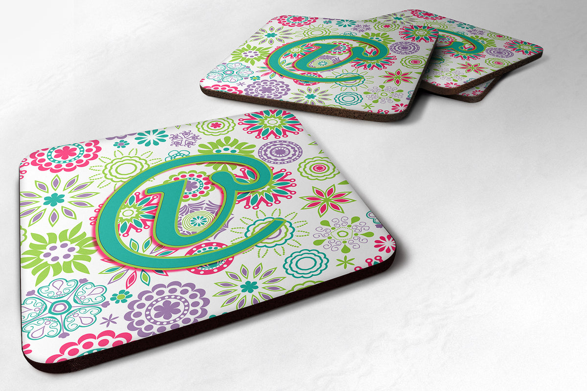 Set of 4 Letter V Flowers Pink Teal Green Initial Foam Coasters CJ2011-VFC - the-store.com