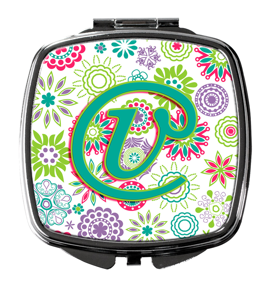 Caroline's Treasures Letter V Flowers Pink Teal Green Initial Compact Mirror – Stylish Purse Mirror with Artistic Covers CJ2011-VSCM