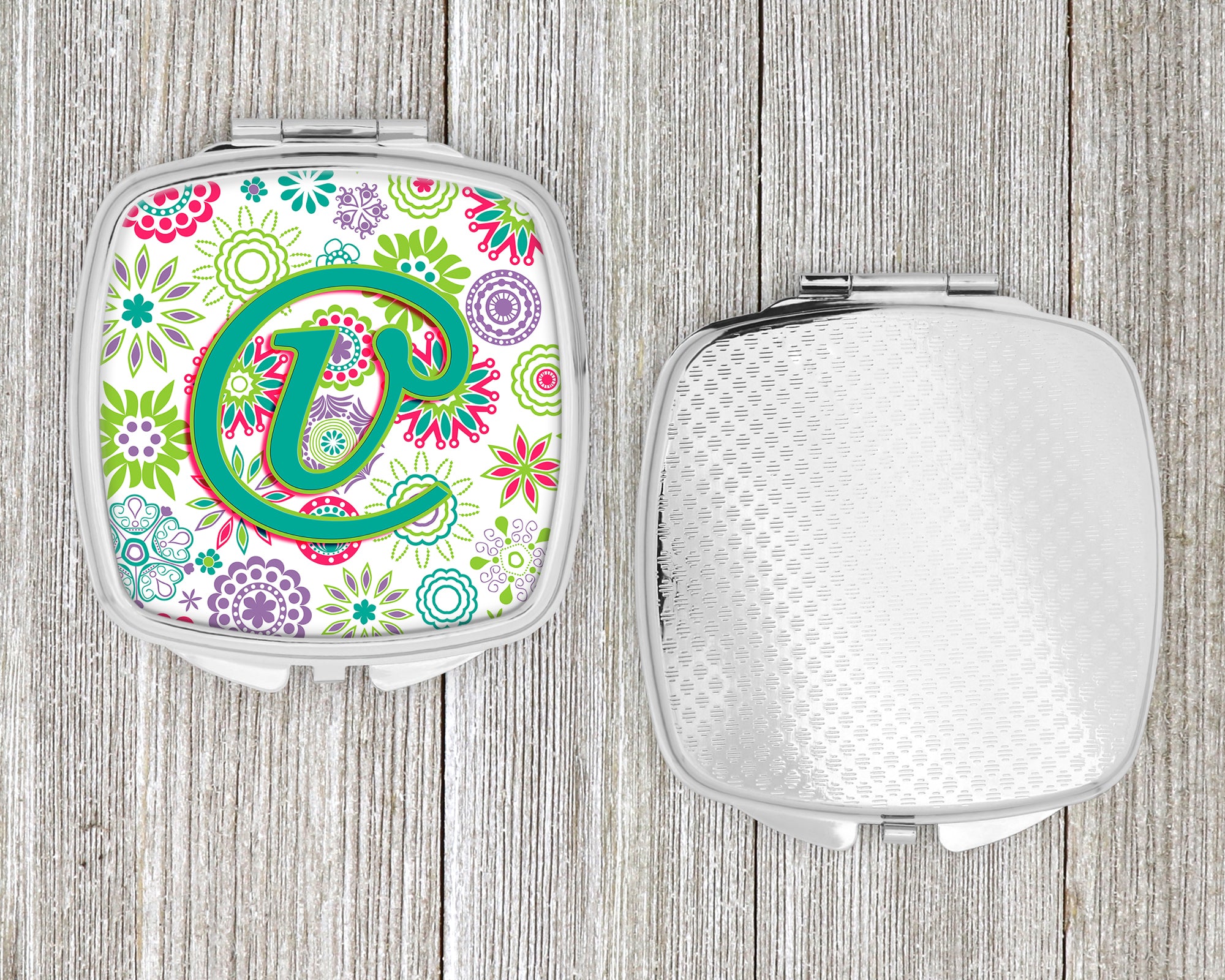 Letter V Flowers Pink Teal Green Initial Compact Mirror CJ2011-VSCM  the-store.com.