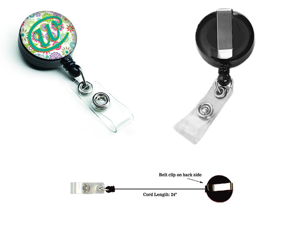 Letter W Flowers Pink Teal Green Initial Retractable Badge Reel CJ2011-WBR  the-store.com.