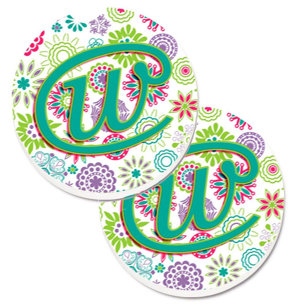 Letter W Flowers Pink Teal Green Initial Set of 2 Cup Holder Car Coasters CJ2011-WCARC by Caroline&#39;s Treasures