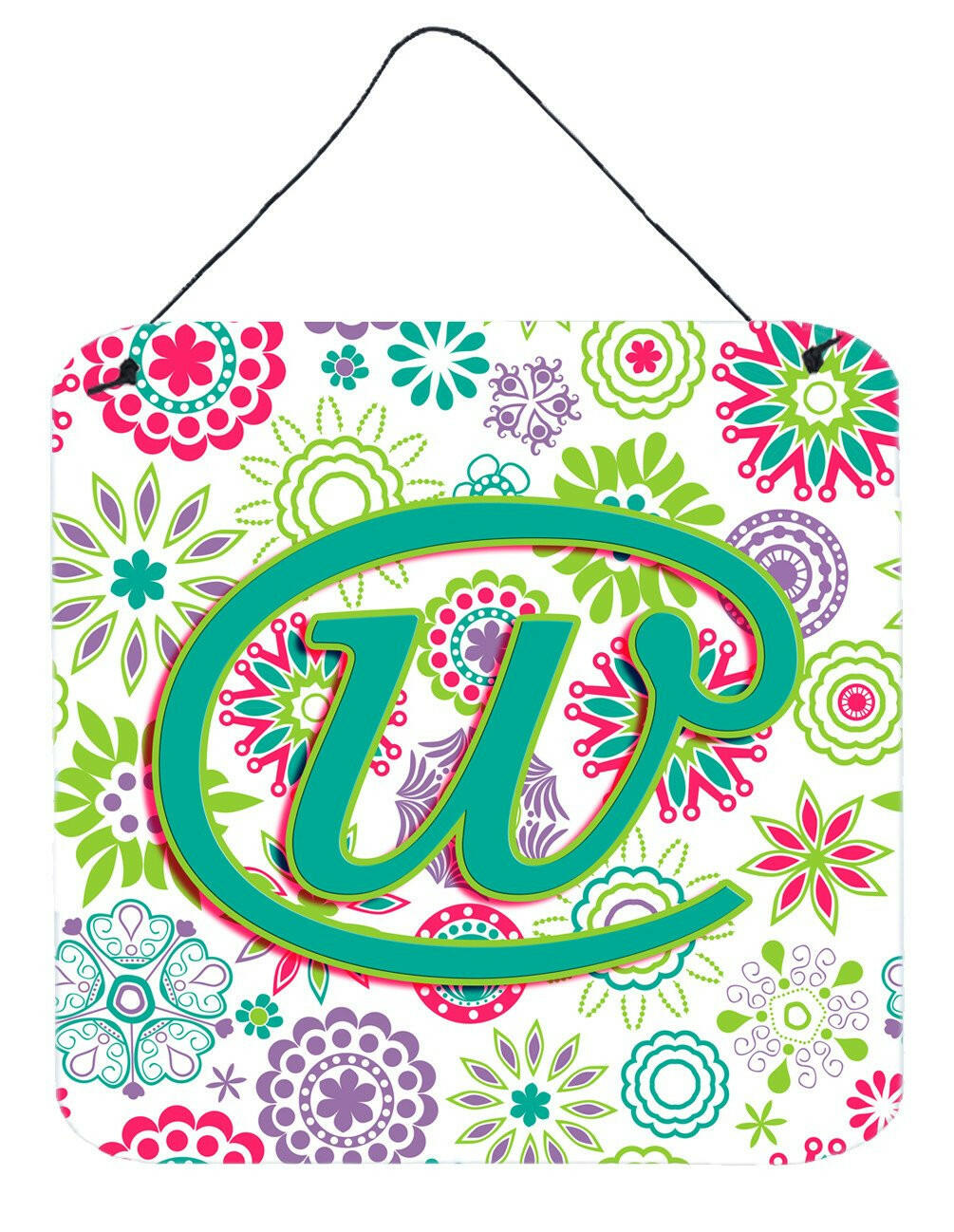 Letter W Flowers Pink Teal Green Initial Wall or Door Hanging Prints CJ2011-WDS66 by Caroline&#39;s Treasures