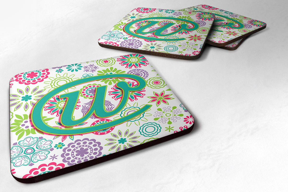 Set of 4 Letter W Flowers Pink Teal Green Initial Foam Coasters CJ2011-WFC - the-store.com