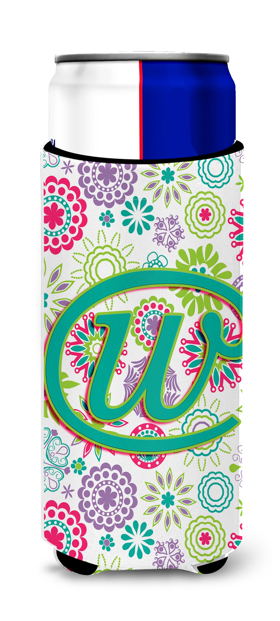 Letter W Flowers Pink Teal Green Initial Ultra Beverage Insulators for slim cans CJ2011-WMUK