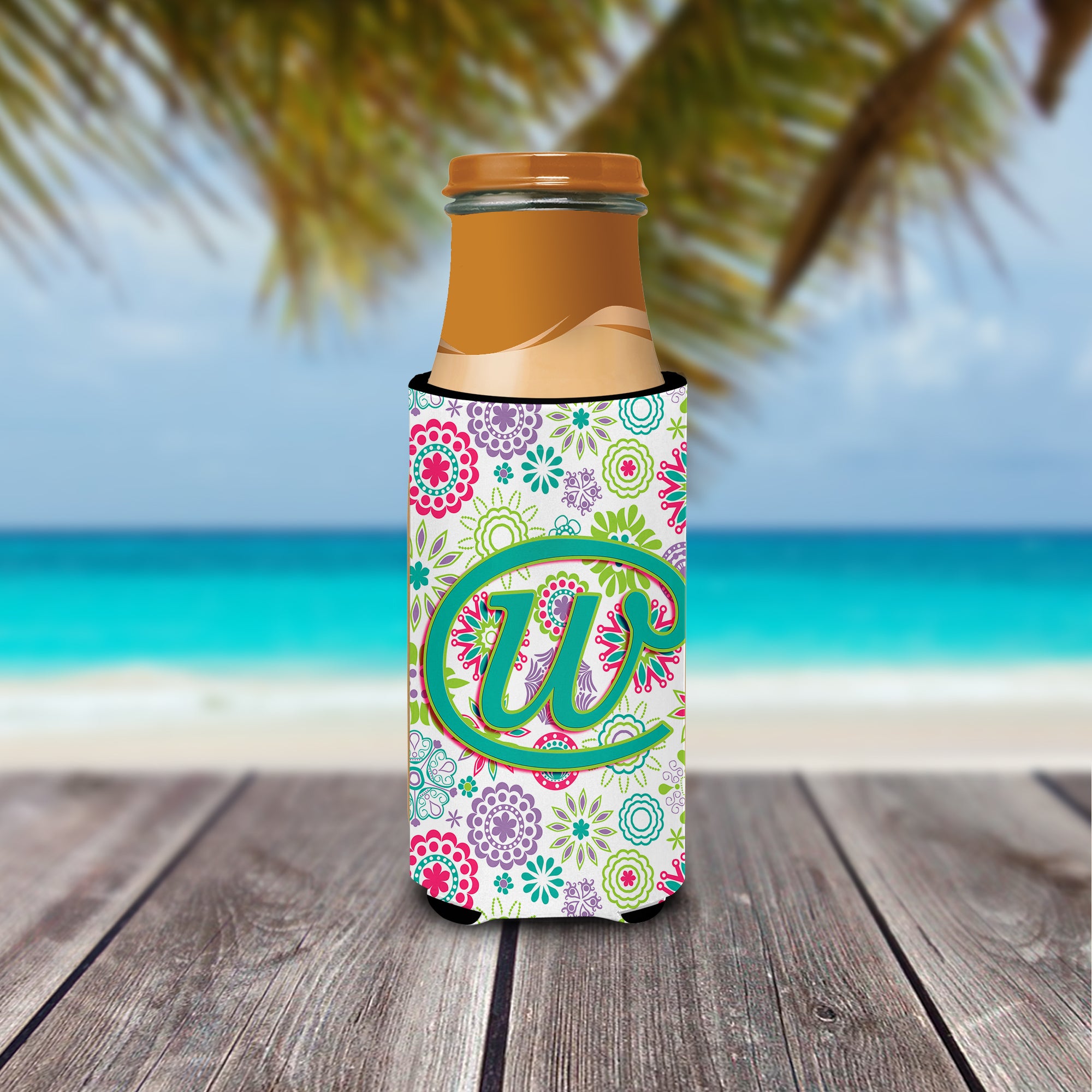 Letter W Flowers Pink Teal Green Initial Ultra Beverage Insulators for slim cans CJ2011-WMUK.