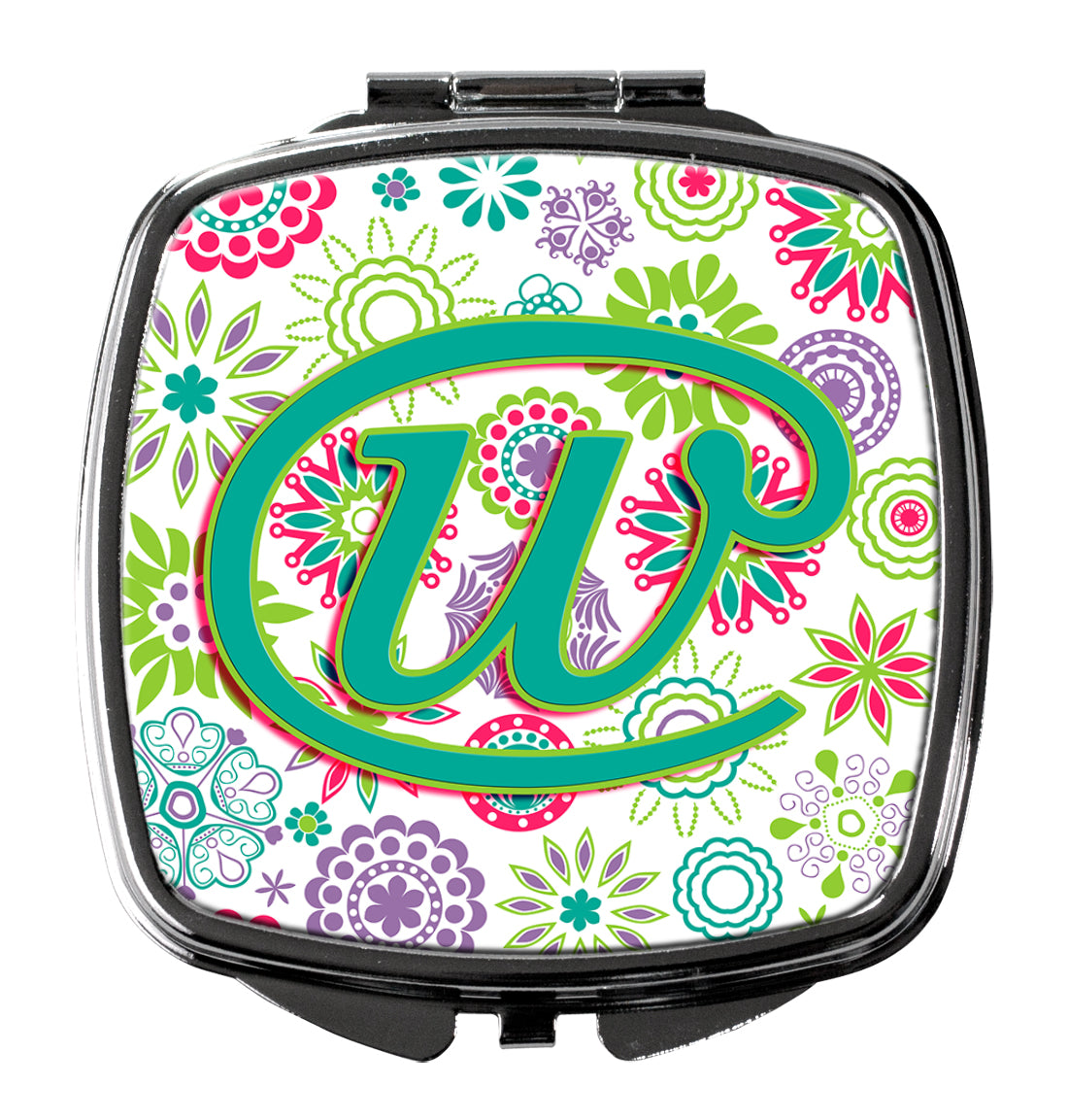 Letter W Flowers Pink Teal Green Initial Compact Mirror CJ2011-WSCM