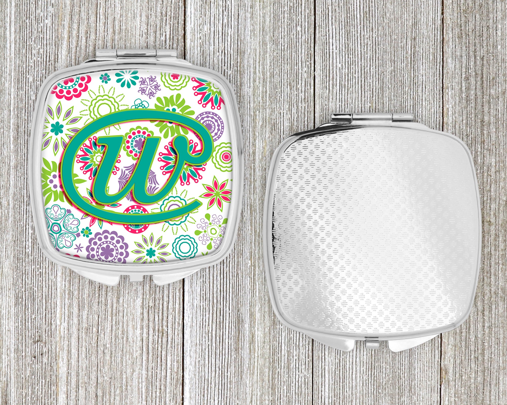 Letter W Flowers Pink Teal Green Initial Compact Mirror CJ2011-WSCM  the-store.com.